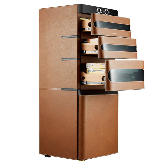 Afidano 1200 Ct Cigar Humidor, Temperature and Humidity Control with Classic Leather and Spanish Cedar Drawers
