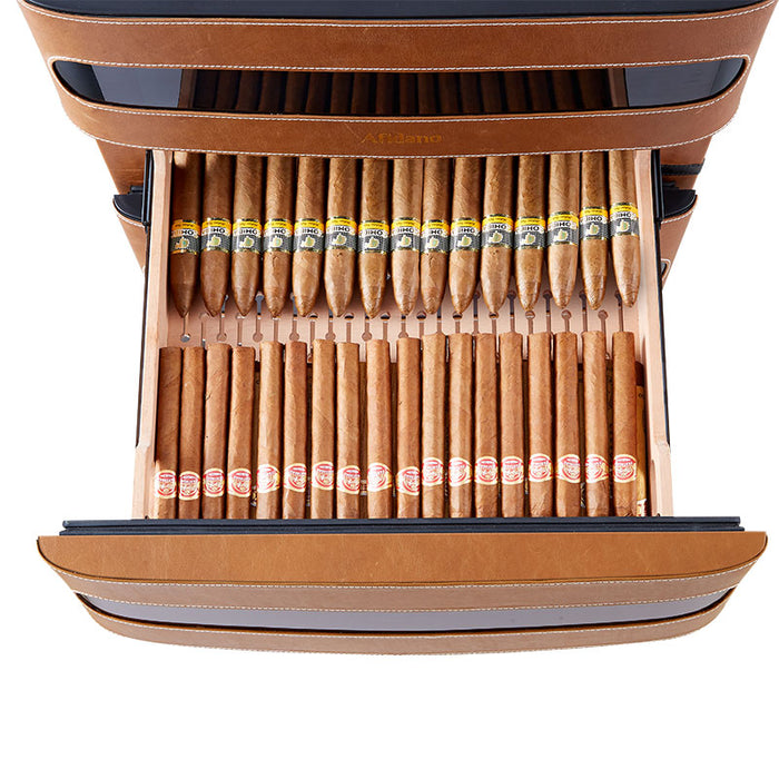 Afidano 250 Ct Cigar Humidor, Temperature and Humidity Control with Classic Leather and Spanish Cedar Drawers